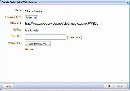 Creating a Data Set Using a Web Service Note: The parameters must be set up in the Parameters section of the report definition See Chapter 4, "Adding Parameters and Lists of Values." 2.10.