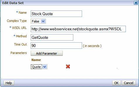 Creating a Data Set Using a Web Service Figure 2 21 Adding the Parameter to Web Service Data Set Click OK to close the data set. 8. Click Save. 9. To view the results XML, select Get XML Output. 10.