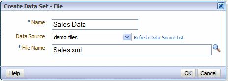 Using Data Stored as a Character Large Object (CLOB) in a Data Model Figure 2 24 Create Data Set - File Dialog 2. Enter a name for this data set. 3. Select the Data Source where the XML file resides.