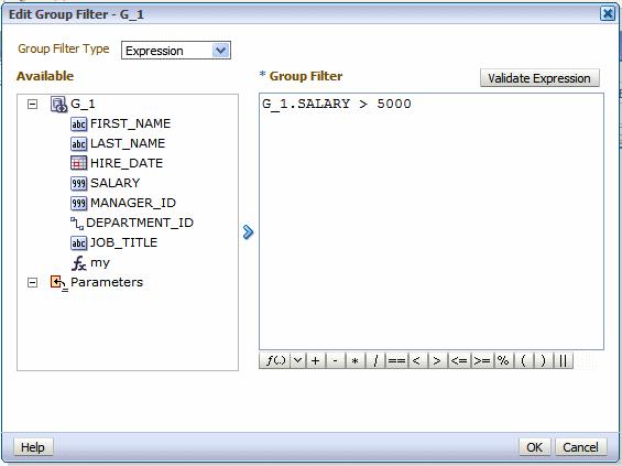 Creating Group Filters Figure 3 24 Edit Group Filter Dialog 3. Choose the Group Filter Type: Expression or PL/SQL.
