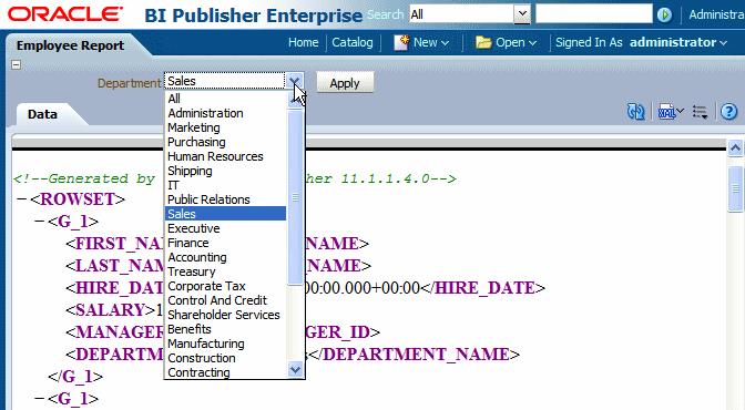 Adding a New Parameter Figure 4 6 Department Menu Type Parameter with Multiple Selection Disabled Figure 4 7 shows how the Department menu type parameter displays to the report consumer when multiple