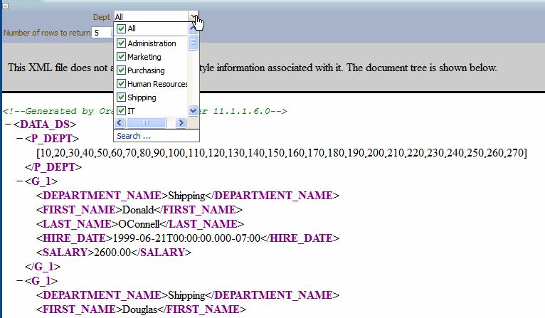 Adding Lists of Values If instead you wanted to pass the DEPARTMENT_ID to the parameter in the data set yet still display the DEPARTMENT_NAME in the list, construct your SQL query as follows: select