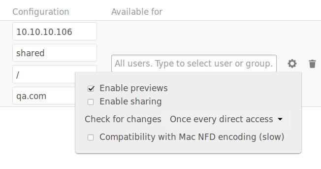 Figure 9.4: Figure 2: WND mountpoint and authorization credentials. 8. Click the gear icon for additional mount options. Note that previews are enabled by default, while sharing is not (see figure 2).