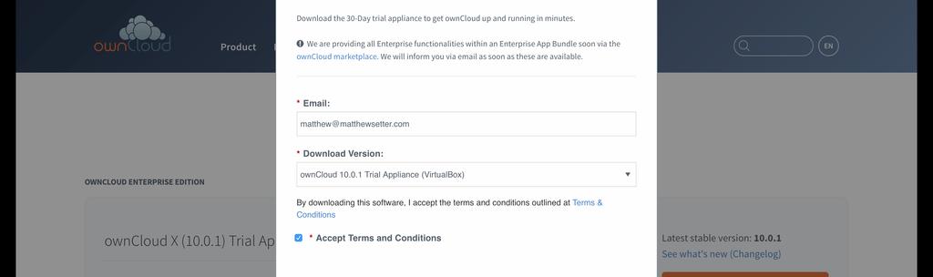 After you ve filled out the form, click DOWNLOAD OWNCLOUD to begin the download of the virtual appliance.
