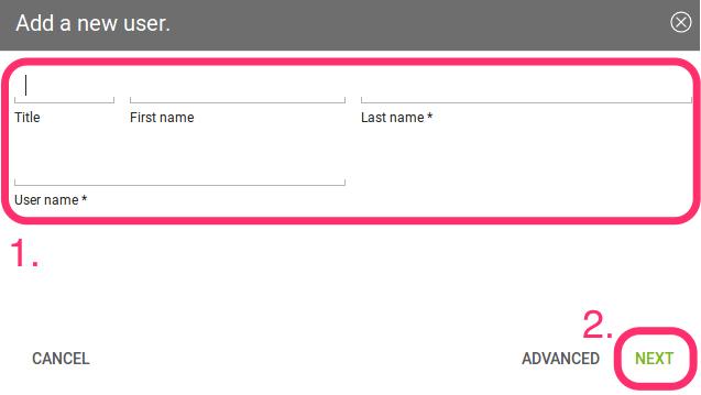 In the screen that appears, add a new user by clicking ADD in the top left-hand corner of the users table. This opens up a new user dialog, where you can supply the relevant details for the new user.