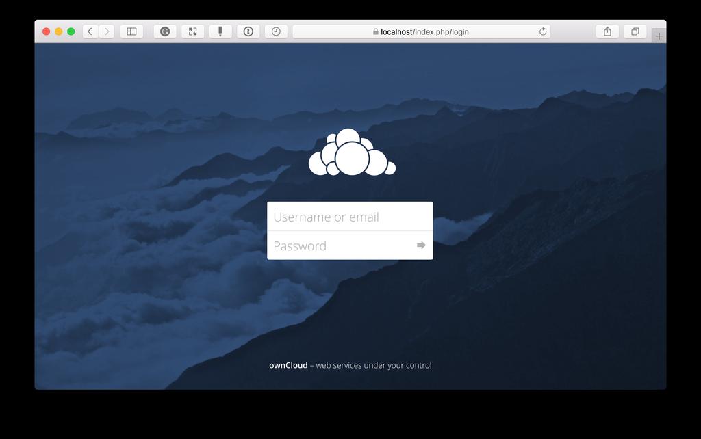 Logging In To log in to the owncloud UI, open https://localhost in your browser of choice, where you see the standard owncloud login screen, as in the image below.