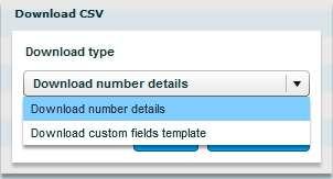 Download Numbers The Download Numbers button allows you to download a CSV of either Number Details or custom fields template, once clicked the below pop up box will appear. 5.