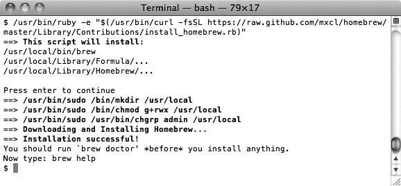 Homebrew comes with a console-based installation application. Copy the install command from the Homebrew installation page, as shown in Figure 4-5.
