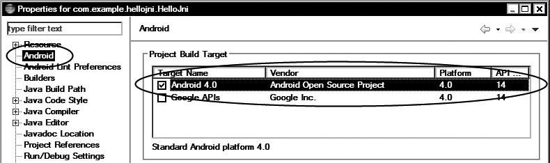 CHAPTER 2: Exploring the Android NDK 47 Figure 2-5. Choose Android 4.0 as the project build target Click the OK button to apply the changes.