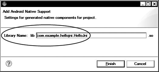 The native support needs to be added manually in order to include the native components into the build flow. Using the Project Explorer view in Eclipse, right-click to the com.example.hellojni.
