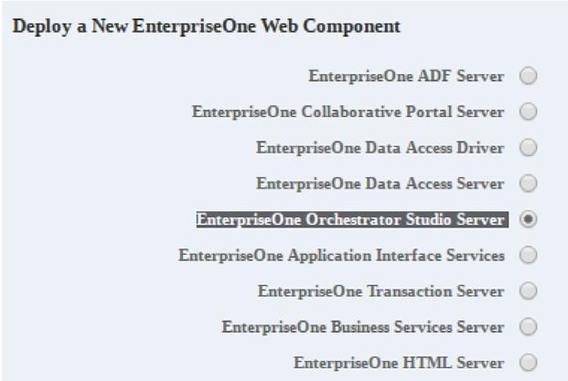 Install an EnterpriseOne Orchestrator Studio 8. On this Server Manager Agent, register a Fusion Middleware Weblogic 12.2.1 installation. Make sure that the Fusion Middleware Weblogic 12.2.1 has a domain that has the ADF Runtime installed.