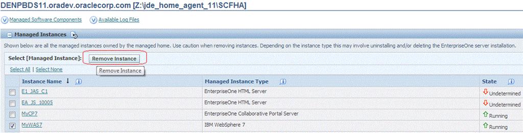 21 1Remove 2 a Managed Instance This chapter discusses: Section 21.1, "Remove an Application Server Managed Instance" Section 21.2, "Remove a JD Edwards EnterpriseOne Server Instance" 21.