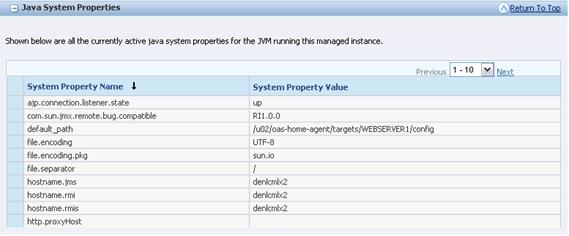Application Interface Services Server Runtime Metrics 28.2.7.5 Java System Properties The Java System Properties displays all of the java system properties.
