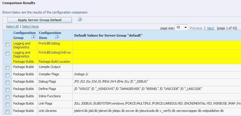 Troubleshooting the Configuration of EnterpriseOne Server Instances 29.7.2.1 Results The comparison results appear in a new pane under the Instance Selection section.