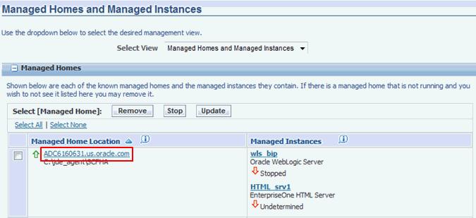 Distribute or Delete Managed EnterpriseOne Software Components 1. On the Managed Homes and Managed Instances page, click on the link to a Managed Home.