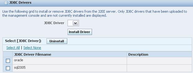 Click the link for a J2EE Server (WLS or WAS). 2. Use the JDBC Driver dropdown to select the JDBC driver to install.