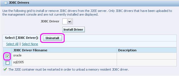 Install or Uninstall JDBC Drivers to the J2EE Server (WLS or WAS) 12.3.2 Uninstall JDBC Drivers from the J2EE Server (WLS or WAS) To uninstall a JDBC driver from a J2EE Server (WLS or WAS): 1.