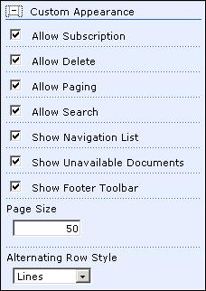 Configuring the Document List Web Part Configuring the web part 3 Option Description Allow Subscription This option shows/hides the Subscribe button, which allows Information Consumers to add