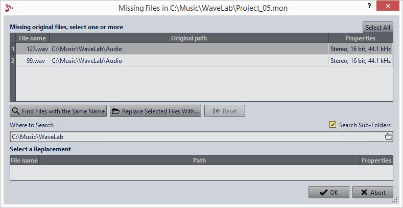 Audio Montage Missing Files Dialog Missing Files Dialog This dialog opens when you open an audio montage, and some audio files that the audio montage refers to cannot be found.