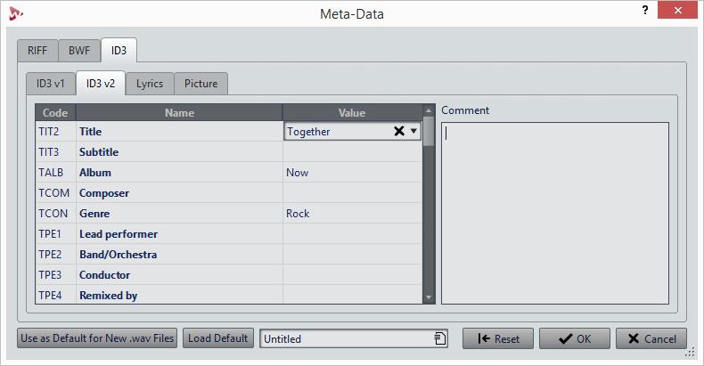 Audio File Editing Silence Generator Dialog Meta-Data dialog for WAV files When opening the Meta-Data dialog for files in the Audio Editor, you can edit the meta-data that is saved in the audio file.