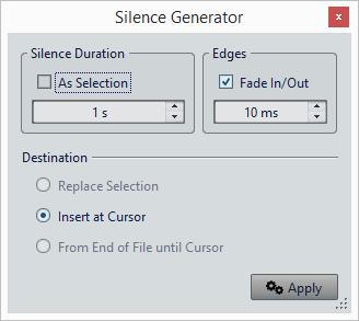 Audio File Editing Silence Generator Dialog Silence Duration As Selection uses the duration of the active audio selection as the duration of the silent section.