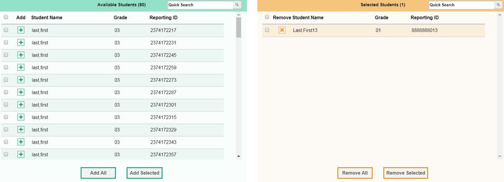 Figure 36. Add/Remove Students to Roster Panel b. To remove students, do one of the following in the list of students in the roster: To remove one student from the roster, click for the student.