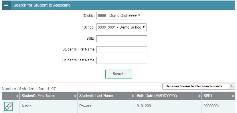 The Search for Students to Associate panel appears (see Figure 61). i. Enter search criteria to retrieve an existing student, and click Search. Figure 61. Search for Students to Associate Panel ii.