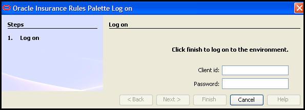 Log on the Rules Palette If automatic log on was not selected during environment creation, the manual log on steps below must be followed.