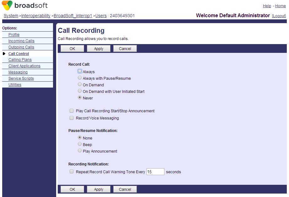Make sure that Call Recording is selected under User Services. Alternatively, browse to <user> Profile Assign Services to assign the Call Recording service to an individual user.