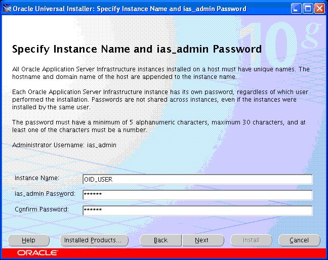 Chose a suitable Instance Name and password for the ias_admin user. Click Next.
