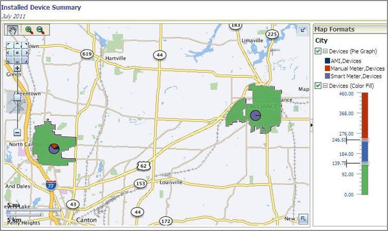 The following figure shows a geographic map zone that highlights device installation in a geographic area. Sample Map Navigating the Map Spatial data is displayed in a map view.