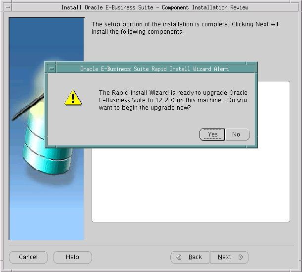 Oracle E-Business Suite Rapid Install Wizard Alert dialog box 15. (Conditional) If you are running the Oracle HTTP Server on a privileged port, refer to Step 3.
