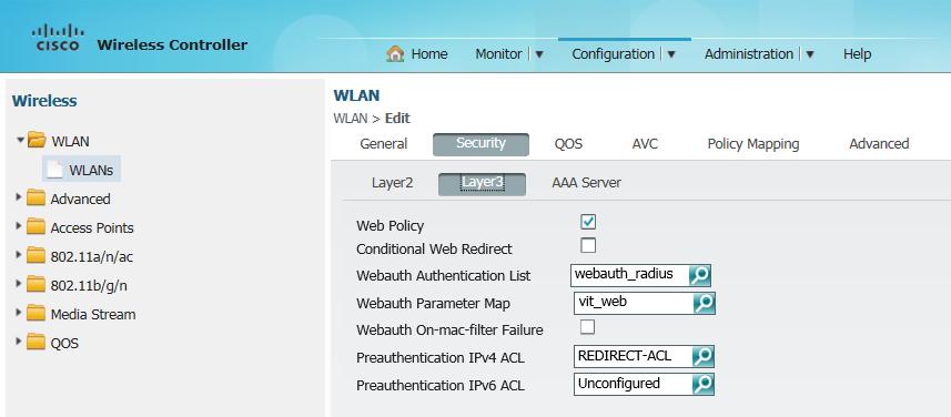 Click Layer3 The options under Layer3 appears. Figure 113: WLAN - Security - Layer3 38. Select the options: For Webauth Authentication List select webauth_radius which you have created earlier.
