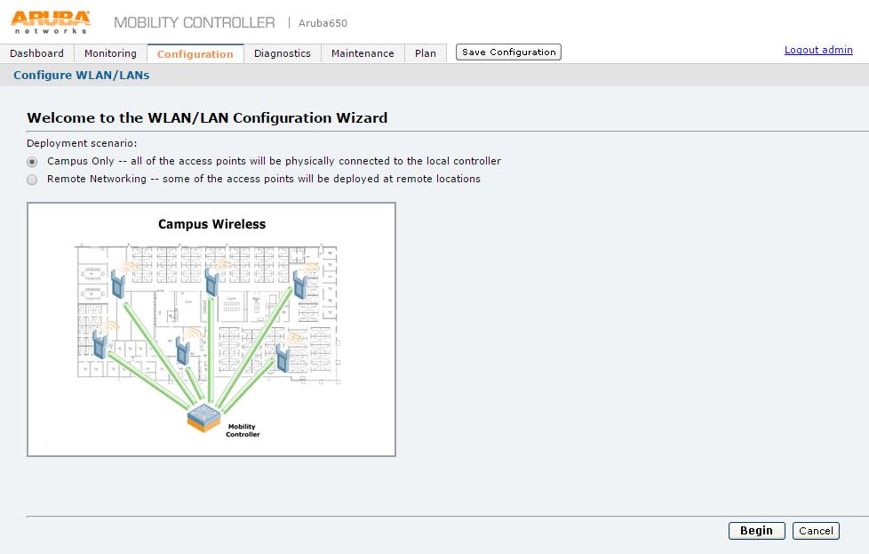 Guest Access Solution Configuration Guide Figure 117: WLAN Configuration 2. Select Campus Only option and click Begin.