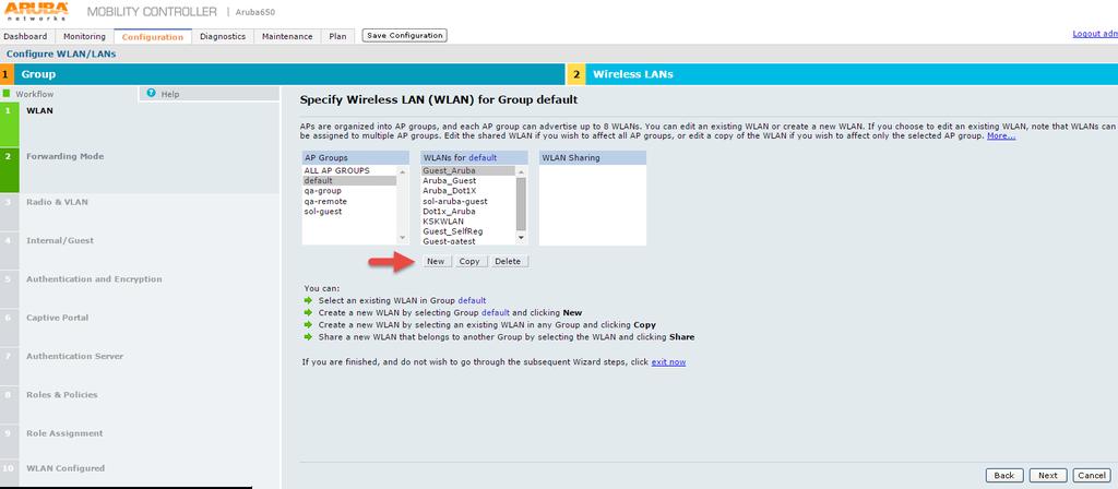 On Specify Wireless LAN (WLAN) for Group default screen, select a group from the AP Groups list.