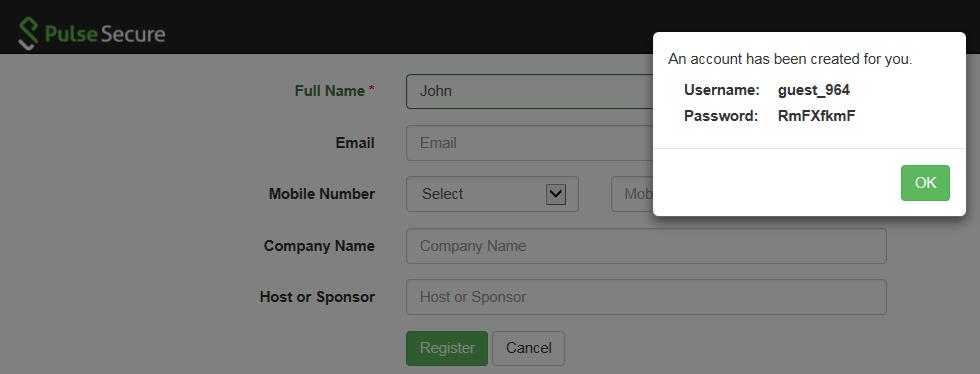Guest Access Solution Configuration Guide Figure 161: Guest - Personal Details 2. Enter a name in the Full Name field, and then click Register.