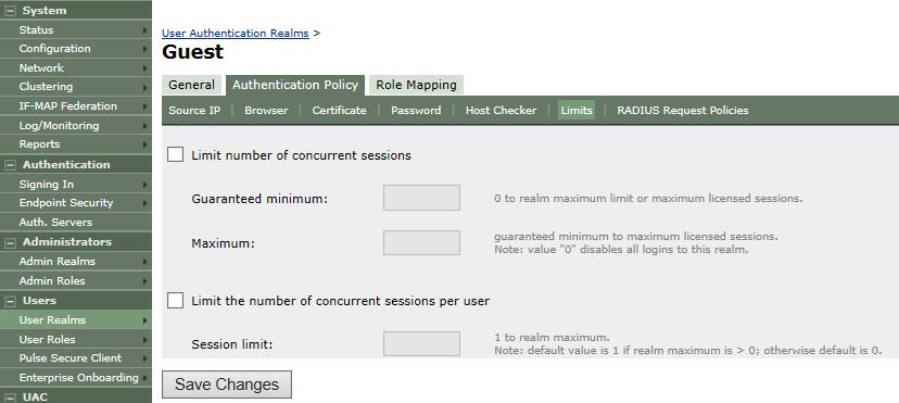 18. Click Limits to set limits for a User Realm. The Limit options are displayed. Figure 15: Limit Options 19.