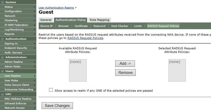 Figure 16: RADIUS Request Policies CHAPTER 3: Configuration Settings on Pulse Policy Secure for Wireless LAN Controller