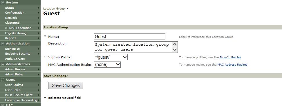 Guest Access Solution Configuration Guide Figure 21: Default Location Group 3.