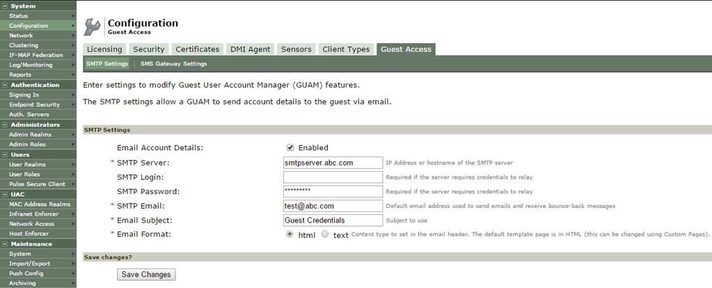Guest Access Solution Configuration Guide Figure 31: SMTP settings 2. Enter the necessary details and click Save Changes.