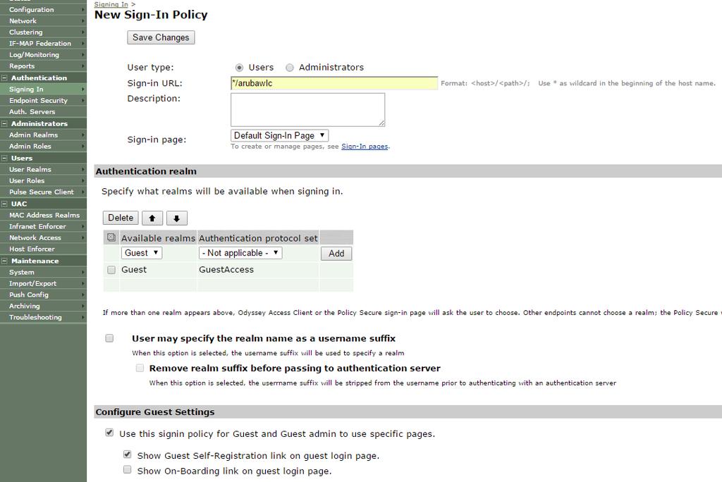 Guest Access Solution Configuration Guide Figure 34: Sign-In Policies 3. Select the sign-in policy that is created earlier.
