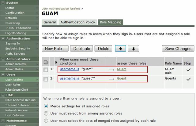 Figure 46: Example Role Mapping Rules Configuring a Sign-In Policy for Guests Select Authentication > Signing-In > Sign-In Policies to display the sign-in policies configuration page.