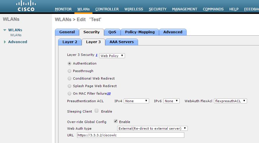 CHAPTER 5: Configuring Cisco 2500 WLC Figure 83: WLAN Layer 2 settings 4. Go to Security > Layer3 in WLANs tab. From the Layer 3 security drop-down list select 'Web Policy'.