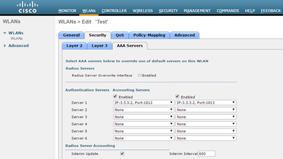 Guest Access Solution Configuration Guide Figure 85: WLAN AAA Server settings 6. Select the Interim Update check box.