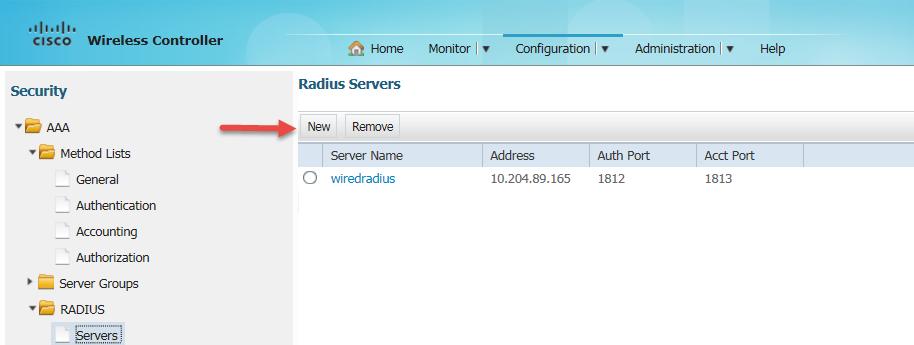 Select AAA > Radius > Servers to create a Radius server.