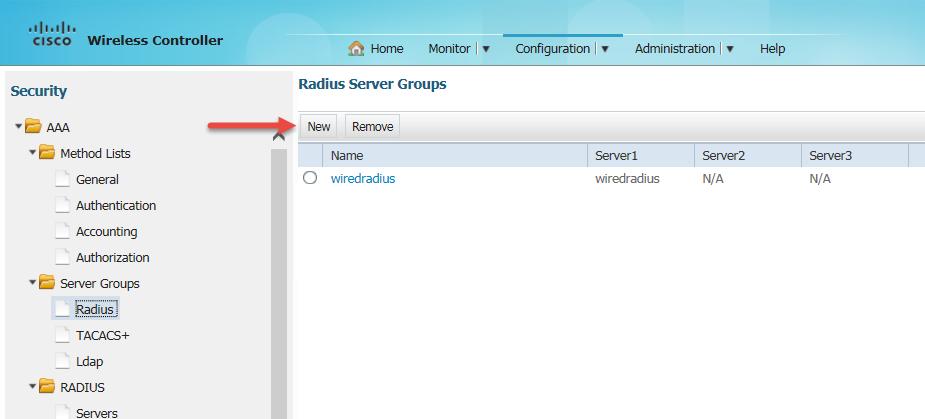 Select AAA > Server Groups > Radius to create a Radius Server Group. The Radius Server Groups screen appears.