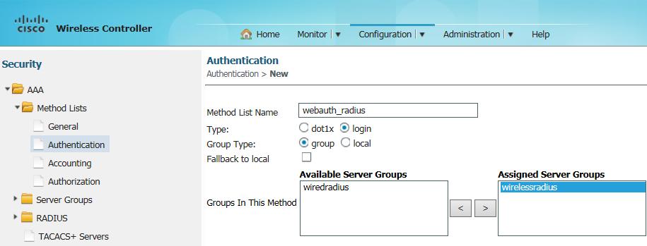 Select AAA > Method List > Authentication to create an Authentication list.