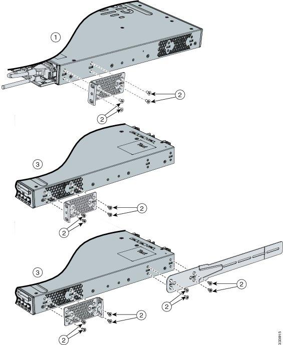 Rack-Mounting Switch Installation Attaching the Rack-Mount Brackets Procedure Use four Phillips flat-head screws to attach the long side of the bracket to each side of the switch for