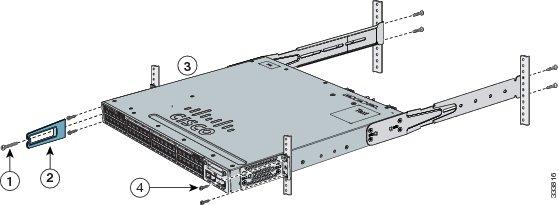 Switch Installation Rack-Mounting Figure 31: Attaching Brackets for Catalyst WS-C3850-48XS Switches Mounting the Switch a Rack Procedure Step 1 Step 2 Use the four supplied Phillips machine screws to