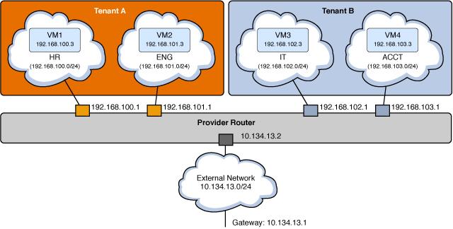 How to Configure the Network Node FIGURE 9 Provider Router with Private Networks Model In the model shown in the preceding figure, each tenant has two internal networks and two VM instances.